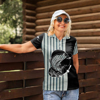 Striped Bass Jumping Graphic Women Polo Shirt Rod Reel and Airplane on Fish Scale Pattern - Wonder Print Shop
