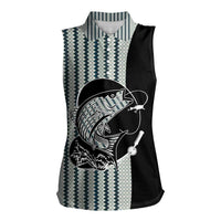Striped Bass Jumping Graphic Women Sleeveless Polo Shirt Rod Reel and Airplane on Fish Scale Pattern - Wonder Print Shop