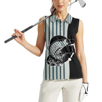 Striped Bass Jumping Graphic Women Sleeveless Polo Shirt Rod Reel and Airplane on Fish Scale Pattern - Wonder Print Shop
