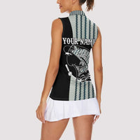 Striped Bass Jumping Graphic Women Sleeveless Polo Shirt Rod Reel and Airplane on Fish Scale Pattern - Wonder Print Shop