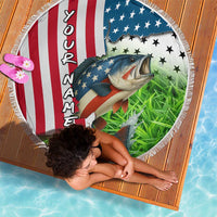 American Flag Bass Fishing Design Beach Blanket with Largemouth Bass and Green Grass Background - Wonder Print Shop