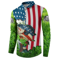 American Flag Bass Fishing Design Button Sweatshirt with Largemouth Bass and Green Grass Background - Wonder Print Shop