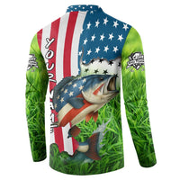 American Flag Bass Fishing Design Button Sweatshirt with Largemouth Bass and Green Grass Background - Wonder Print Shop