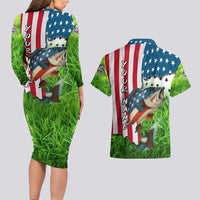 American Flag Bass Fishing Design Couples Matching Long Sleeve Bodycon Dress and Hawaiian Shirt with Largemouth Bass and Green Grass Background - Wonder Print Shop