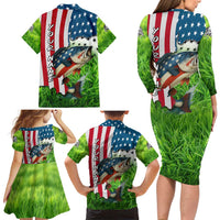 American Flag Bass Fishing Design Family Matching Long Sleeve Bodycon Dress and Hawaiian Shirt with Largemouth Bass and Green Grass Background - Wonder Print Shop