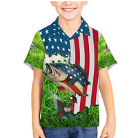 American Flag Bass Fishing Design Family Matching Mermaid Dress and Hawaiian Shirt with Largemouth Bass and Green Grass Background - Wonder Print Shop