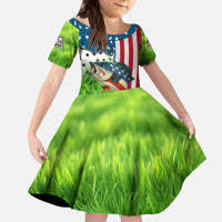 American Flag Bass Fishing Design Family Matching Off The Shoulder Long Sleeve Dress and Hawaiian Shirt with Largemouth Bass and Green Grass Background - Wonder Print Shop