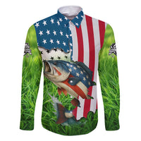 American Flag Bass Fishing Design Family Matching Off Shoulder Maxi Dress and Hawaiian Shirt with Largemouth Bass and Green Grass Background - Wonder Print Shop