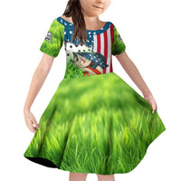 American Flag Bass Fishing Design Family Matching Off Shoulder Short Dress and Hawaiian Shirt with Largemouth Bass and Green Grass Background - Wonder Print Shop