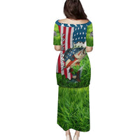 American Flag Bass Fishing Design Family Matching Puletasi and Hawaiian Shirt with Largemouth Bass and Green Grass Background - Wonder Print Shop