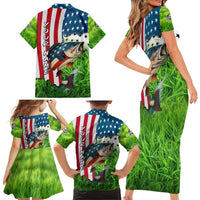 American Flag Bass Fishing Design Family Matching Short Sleeve Bodycon Dress and Hawaiian Shirt with Largemouth Bass and Green Grass Background - Wonder Print Shop