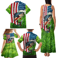 American Flag Bass Fishing Design Family Matching Tank Maxi Dress and Hawaiian Shirt with Largemouth Bass and Green Grass Background - Wonder Print Shop
