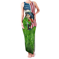 American Flag Bass Fishing Design Family Matching Tank Maxi Dress and Hawaiian Shirt with Largemouth Bass and Green Grass Background - Wonder Print Shop