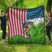American Flag Bass Fishing Design Quilt with Largemouth Bass and Green Grass Background - Wonder Print Shop