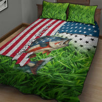 American Flag Bass Fishing Design Quilt Bed Set with Largemouth Bass and Green Grass Background - Wonder Print Shop