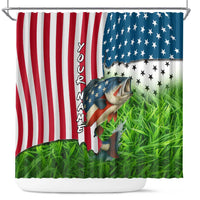 American Flag Bass Fishing Design Shower Curtain with Largemouth Bass and Green Grass Background - Wonder Print Shop
