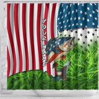 American Flag Bass Fishing Design Shower Curtain with Largemouth Bass and Green Grass Background - Wonder Print Shop