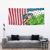American Flag Bass Fishing Design Tapestry with Largemouth Bass and Green Grass Background - Wonder Print Shop