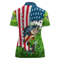 American Flag Bass Fishing Design Women Polo Shirt with Largemouth Bass and Green Grass Background - Wonder Print Shop