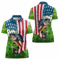 American Flag Bass Fishing Design Women Polo Shirt with Largemouth Bass and Green Grass Background - Wonder Print Shop