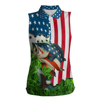 American Flag Bass Fishing Design Women Sleeveless Polo Shirt with Largemouth Bass and Green Grass Background - Wonder Print Shop