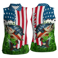 American Flag Bass Fishing Design Women Sleeveless Polo Shirt with Largemouth Bass and Green Grass Background - Wonder Print Shop