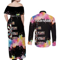 Dartboard and Colorful Paint Splash Darts Couples Matching Off Shoulder Maxi Dress and Long Sleeve Button Shirt with Aim Shoot Swear Repeat Quote Custom Name TS04
