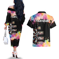 Dartboard and Colorful Paint Splash Darts Couples Matching Off The Shoulder Long Sleeve Dress and Hawaiian Shirt with Aim Shoot Swear Repeat Quote Custom Name TS04