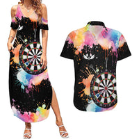 Dartboard and Colorful Paint Splash Darts Couples Matching Summer Maxi Dress and Hawaiian Shirt with Aim Shoot Swear Repeat Quote Custom Name TS04