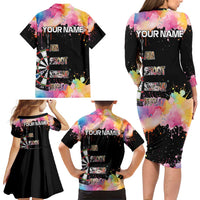 Dartboard and Colorful Paint Splash Darts Family Matching Long Sleeve Bodycon Dress and Hawaiian Shirt with Aim Shoot Swear Repeat Quote Custom Name TS04