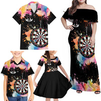 Dartboard and Colorful Paint Splash Darts Family Matching Off Shoulder Maxi Dress and Hawaiian Shirt with Aim Shoot Swear Repeat Quote Custom Name TS04