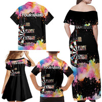 Dartboard and Colorful Paint Splash Darts Family Matching Off Shoulder Maxi Dress and Hawaiian Shirt with Aim Shoot Swear Repeat Quote Custom Name TS04
