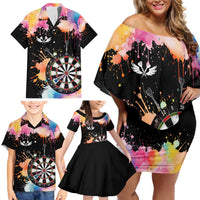 Dartboard and Colorful Paint Splash Darts Family Matching Off Shoulder Short Dress and Hawaiian Shirt with Aim Shoot Swear Repeat Quote Custom Name TS04