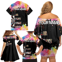 Dartboard and Colorful Paint Splash Darts Family Matching Off Shoulder Short Dress and Hawaiian Shirt with Aim Shoot Swear Repeat Quote Custom Name TS04