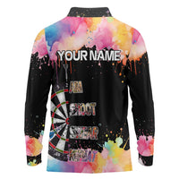Dartboard and Colorful Paint Splash Darts Long Sleeve Polo Shirt with Aim Shoot Swear Repeat Quote Custom Name TS04