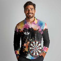 Dartboard and Colorful Paint Splash Darts Long Sleeve Polo Shirt with Aim Shoot Swear Repeat Quote Custom Name TS04