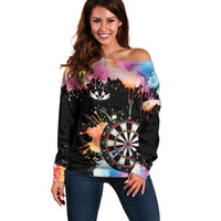 Dartboard and Colorful Paint Splash Darts Off Shoulder Sweater with Aim Shoot Swear Repeat Quote Custom Name TS04