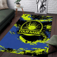 Abstract Blue and Yellow Bowling Ball Strike Design Area Rug with Custom Name Print - Wonder Print Shop