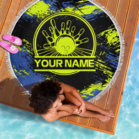 Abstract Blue and Yellow Bowling Ball Strike Design Beach Blanket with Custom Name Print - Wonder Print Shop