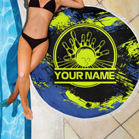 Abstract Blue and Yellow Bowling Ball Strike Design Beach Blanket with Custom Name Print - Wonder Print Shop