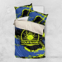 Abstract Blue and Yellow Bowling Ball Strike Design Bedding Set with Custom Name Print - Wonder Print Shop