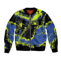 Abstract Blue and Yellow Bowling Ball Strike Design Bomber Jacket with Custom Name Print - Wonder Print Shop