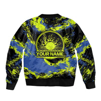 Abstract Blue and Yellow Bowling Ball Strike Design Bomber Jacket with Custom Name Print - Wonder Print Shop