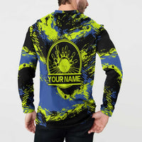 Abstract Blue and Yellow Bowling Ball Strike Design Button Sweatshirt with Custom Name Print - Wonder Print Shop