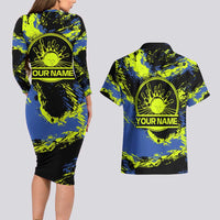 Abstract Blue and Yellow Bowling Ball Strike Design Couples Matching Long Sleeve Bodycon Dress and Hawaiian Shirt with Custom Name Print - Wonder Print Shop