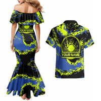 Abstract Blue and Yellow Bowling Ball Strike Design Couples Matching Mermaid Dress and Hawaiian Shirt with Custom Name Print - Wonder Print Shop