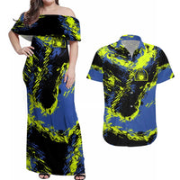 Abstract Blue and Yellow Bowling Ball Strike Design Couples Matching Off Shoulder Maxi Dress and Hawaiian Shirt with Custom Name Print - Wonder Print Shop