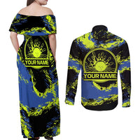Abstract Blue and Yellow Bowling Ball Strike Design Couples Matching Off Shoulder Maxi Dress and Long Sleeve Button Shirt with Custom Name Print - Wonder Print Shop
