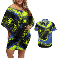 Abstract Blue and Yellow Bowling Ball Strike Design Couples Matching Off Shoulder Short Dress and Hawaiian Shirt with Custom Name Print - Wonder Print Shop