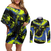 Abstract Blue and Yellow Bowling Ball Strike Design Couples Matching Off Shoulder Short Dress and Long Sleeve Button Shirt with Custom Name Print - Wonder Print Shop